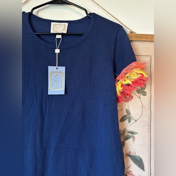 NWT Sail to Sable Textured Fringe Short Sleeve A Line Knee Length Dress Navy M - Picture 3 of 12